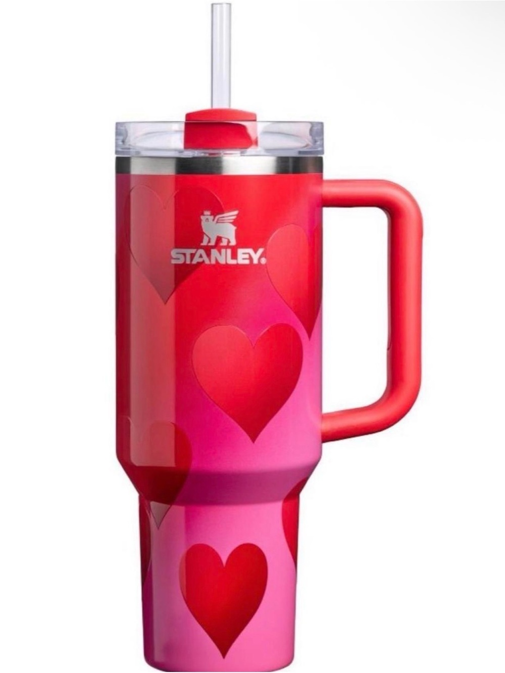 Stanley Red and Pink Heart Travel Tumbler with Straw Handle